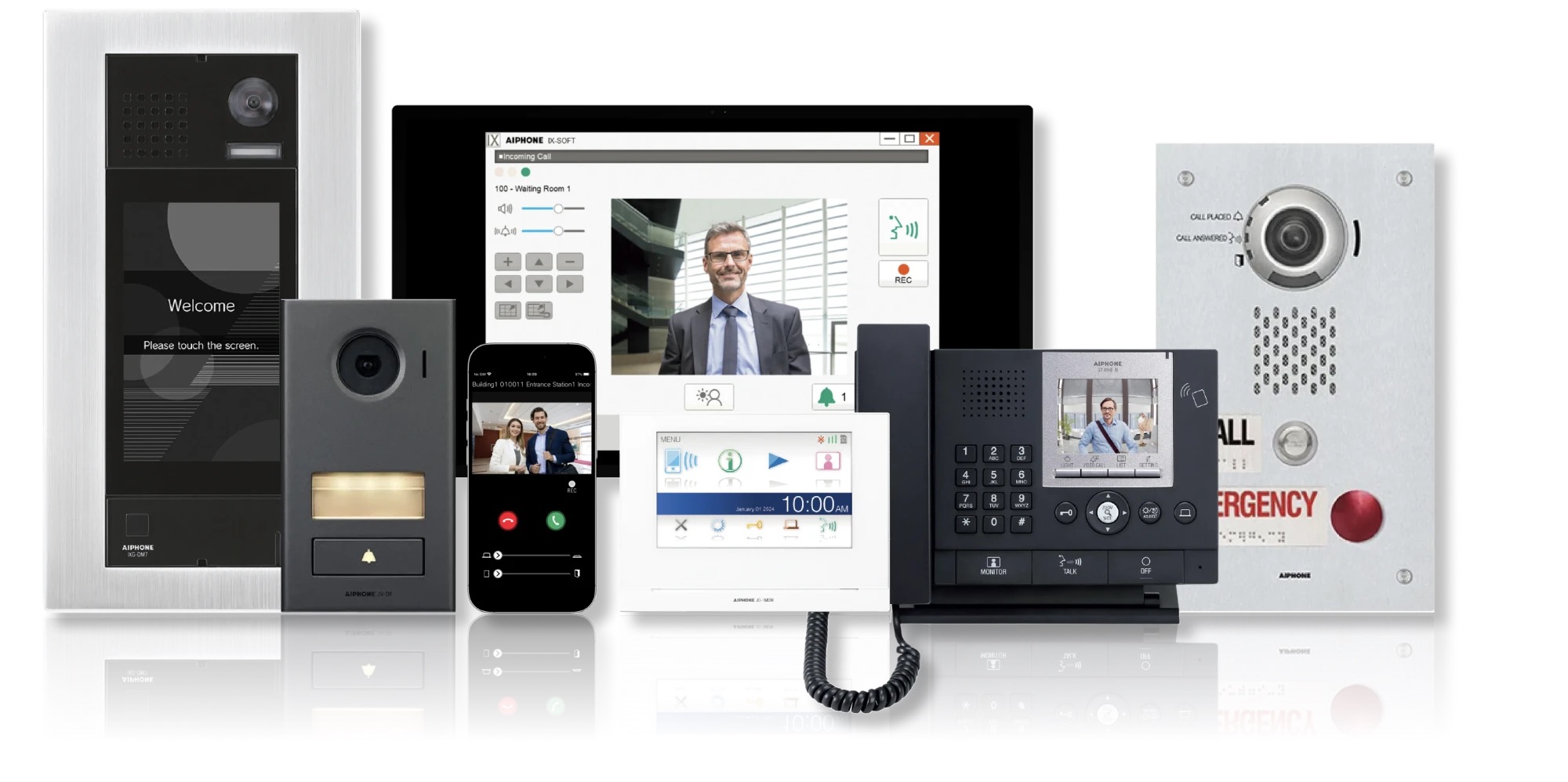 AIPHONE intercom range: entrance stations, IX-SOFT software, indoor monitors, handset and emergency station
